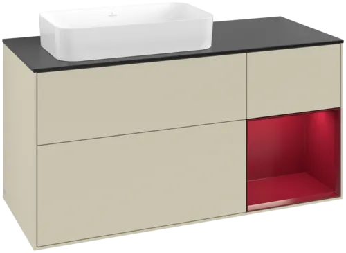 VILLEROY BOCH Toaletní skříňka Finion, s osvětlením, 3 výsuvy, 1200 x 603 x 501 mm, Silk Grey Matt Lacquer / Peony Matt Lacquer / Glass Black Matt #F692HBHJ