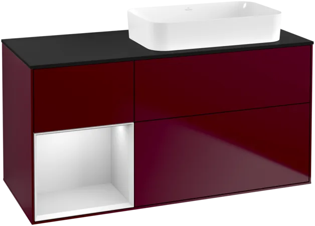 VILLEROY BOCH Toaletní skříňka Finion, s osvětlením, 3 výsuvy, 1200 x 603 x 501 mm, matný lak Peony / bílý matný lak / černé matné sklo #F682MTHB