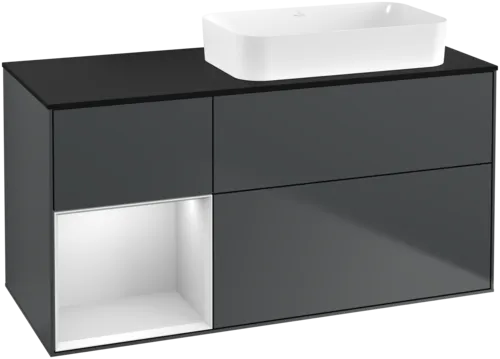 VILLEROY BOCH Toaletní skříňka Finion, s osvětlením, 3 výsuvy, 1200 x 603 x 501 mm, Midnight Blue Matt Lacquer / White Matt Lacquer / Glass Black Matt #F682MTHG