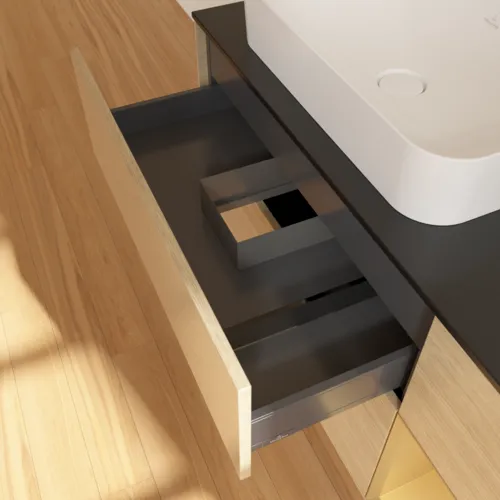 VILLEROY BOCH Toaletní skříňka Finion, s osvětlením, 3 výsuvy, 1200 x 603 x 501 mm, dubová dýha / zlatý matný lak / černé matné sklo #F692HFPC, obrázek 4