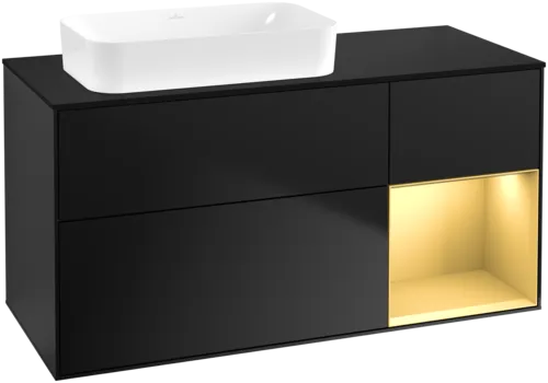 VILLEROY BOCH Toaletní skříňka Finion, s osvětlením, 3 výsuvy, 1200 x 603 x 501 mm, černý matný lak / zlatý matný lak / černé matné sklo #F692HFPD