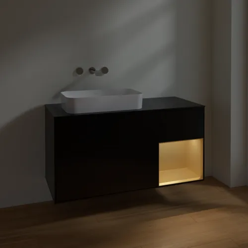 VILLEROY BOCH Toaletní skříňka Finion, s osvětlením, 3 výsuvy, 1200 x 603 x 501 mm, černý matný lak / zlatý matný lak / černé matné sklo #F692HFPD, obrázek 3