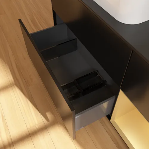 VILLEROY BOCH Toaletní skříňka Finion, s osvětlením, 3 výsuvy, 1200 x 603 x 501 mm, černý matný lak / zlatý matný lak / černé matné sklo #F692HFPD, obrázek 4