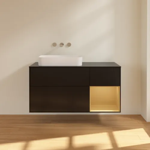 VILLEROY BOCH Toaletní skříňka Finion, s osvětlením, 3 výsuvy, 1200 x 603 x 501 mm, černý matný lak / zlatý matný lak / černé matné sklo #F692HFPD, obrázek 2