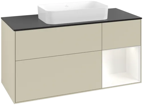 VILLEROY BOCH Toaletní skříňka Finion, s osvětlením, 3 výsuvy, 1200 x 603 x 501 mm, Silk Grey Matt Lacquer / White Matt Lacquer / Glass Black Matt #F712MTHJ