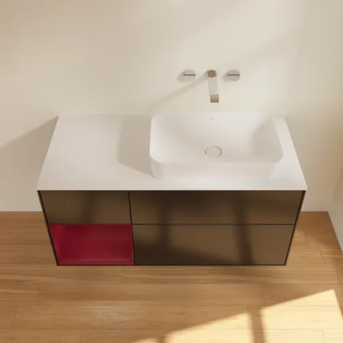 VILLEROY BOCH Toaletní skříňka Finion, s osvětlením, 3 výsuvy, 1200 x 603 x 501 mm, černý matný lak / pivoňkový matný lak / bílé matné sklo #F681HBPD, obrázek 4