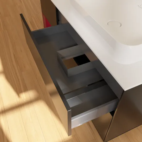 VILLEROY BOCH Toaletní skříňka Finion, s osvětlením, 3 výsuvy, 1200 x 603 x 501 mm, černý matný lak / pivoňkový matný lak / bílé matné sklo #F681HBPD, obrázek 5