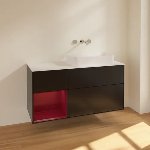 VILLEROY BOCH Toaletní skříňka Finion, s osvětlením, 3 výsuvy, 1200 x 603 x 501 mm, černý matný lak / pivoňkový matný lak / bílé matné sklo #F681HBPD, obrázek 2