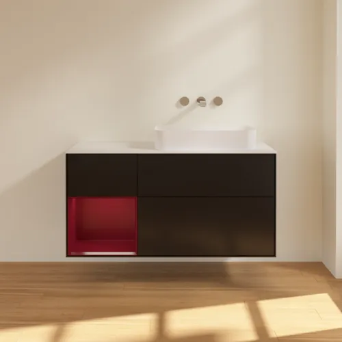 VILLEROY BOCH Toaletní skříňka Finion, s osvětlením, 3 výsuvy, 1200 x 603 x 501 mm, černý matný lak / pivoňkový matný lak / bílé matné sklo #F681HBPD, obrázek 3