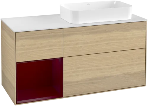 VILLEROY BOCH Toaletní skříňka Finion, s osvětlením, 3 výsuvy, 1200 x 603 x 501 mm, dubová dýha / matný lak Pivoňka / matné bílé sklo #F681HBPC