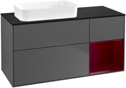 VILLEROY BOCH Toaletní skříňka Finion, s osvětlením, 3 výsuvy, 1200 x 603 x 501 mm, antracitový matný lak / pivoňkový matný lak / černé matné sklo #F692HBGK