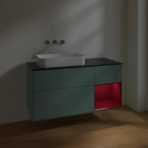 VILLEROY BOCH Toaletní skříňka Finion, s osvětlením, 3 výsuvy, 1200 x 603 x 501 mm, olivový matný lak / pivoňkový matný lak / černé matné sklo #F692HBGM, obrázek 3