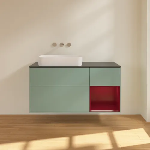 VILLEROY BOCH Toaletní skříňka Finion, s osvětlením, 3 výsuvy, 1200 x 603 x 501 mm, olivový matný lak / pivoňkový matný lak / černé matné sklo #F692HBGM, obrázek 2