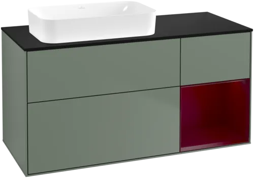 VILLEROY BOCH Toaletní skříňka Finion, s osvětlením, 3 výsuvy, 1200 x 603 x 501 mm, olivový matný lak / pivoňkový matný lak / černé matné sklo #F692HBGM