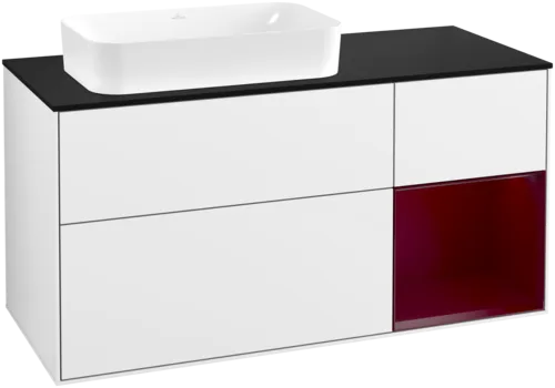 VILLEROY BOCH Toaletní skříňka Finion, s osvětlením, 3 výsuvy, 1200 x 603 x 501 mm, lesklý bílý lak / matný lak Pivoňka / matné černé sklo #F692HBGF
