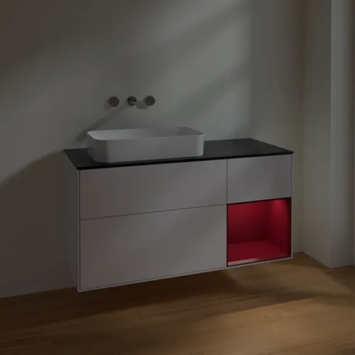 VILLEROY BOCH Toaletní skříňka Finion, s osvětlením, 3 výsuvy, 1200 x 603 x 501 mm, lesklý bílý lak / matný lak Pivoňka / matné černé sklo #F692HBGF, obrázek 4