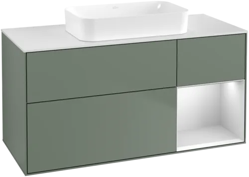 VILLEROY BOCH Toaletní skříňka Finion, s osvětlením, 3 výsuvy, 1200 x 603 x 501 mm, olivový matný lak / bílý matný lak / bílé matné sklo #F711MTGM