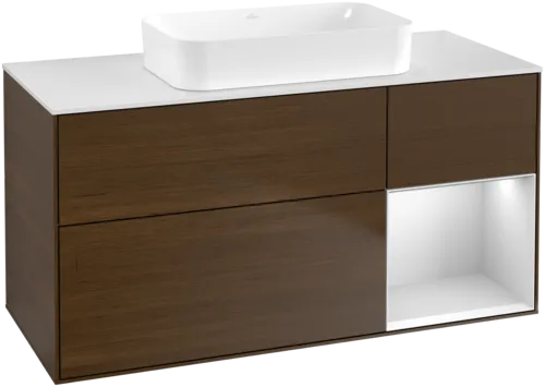 VILLEROY BOCH Toaletní skříňka Finion, s osvětlením, 3 výsuvy, 1200 x 603 x 501 mm, ořechová dýha / bílý matný lak / bílé matné sklo #F711MTGN