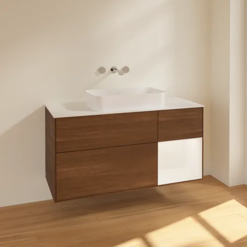 VILLEROY BOCH Toaletní skříňka Finion, s osvětlením, 3 výsuvy, 1200 x 603 x 501 mm, ořechová dýha / bílý matný lak / bílé matné sklo #F711MTGN, obrázek 2