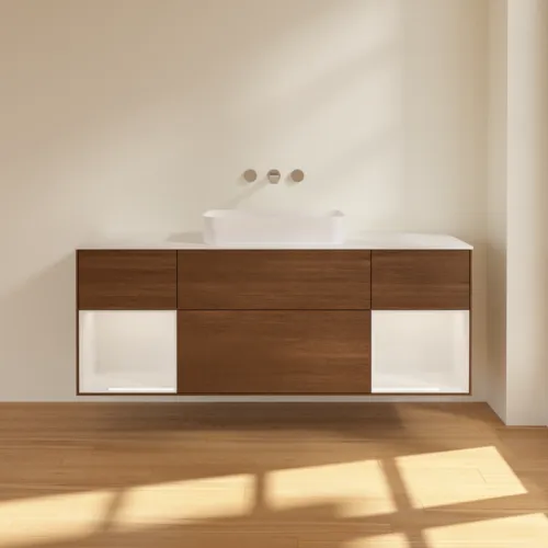 VILLEROY BOCH Toaletní skříňka Finion, s osvětlením, 4 výsuvy, 1600 x 603 x 501 mm, ořechová dýha / lesklý bílý lak / sklo bílé matné #F741GFGN, obrázek 2