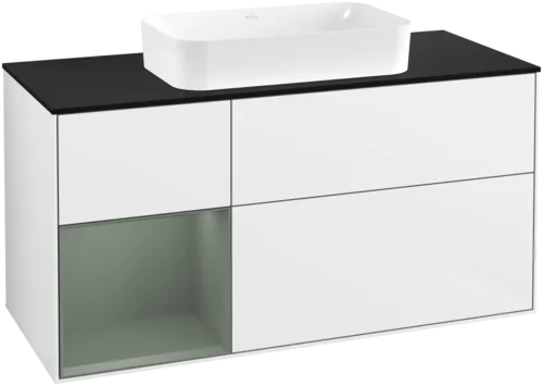 VILLEROY BOCH Toaletní skříňka Finion, s osvětlením, 3 výsuvy, 1200 x 603 x 501 mm, lesklý bílý lak / olivově matný lak / černé matné sklo #F702GMGF