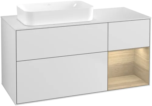 VILLEROY BOCH Toaletní skříňka Finion, s osvětlením, 3 výsuvy, 1200 x 603 x 501 mm, bílý matný lak / dubová dýha / sklo bílé matné #F691PCMT
