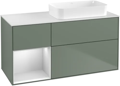 VILLEROY BOCH Toaletní skříňka Finion, s osvětlením, 3 výsuvy, 1200 x 603 x 501 mm, olivový matný lak / bílý matný lak / bílé matné sklo #F681MTGM
