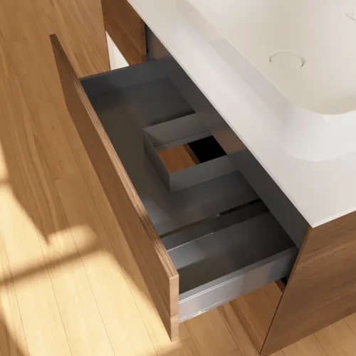 VILLEROY BOCH Toaletní skříňka Finion, s osvětlením, 3 výsuvy, 1200 x 603 x 501 mm, ořechová dýha / bílý matný lak / bílé matné sklo #F681MTGN, obrázek 7