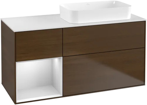 VILLEROY BOCH Toaletní skříňka Finion, s osvětlením, 3 výsuvy, 1200 x 603 x 501 mm, ořechová dýha / bílý matný lak / bílé matné sklo #F681MTGN