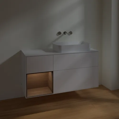 VILLEROY BOCH Toaletní skříňka Finion, s osvětlením, 3 výsuvy, 1200 x 603 x 501 mm, bílý matný lak / ořechová dýha / sklo bílé matné #F681GNMT, obrázek 4