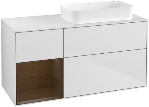VILLEROY BOCH Toaletní skříňka Finion, s osvětlením, 3 výsuvy, 1200 x 603 x 501 mm, bílý matný lak / ořechová dýha / sklo bílé matné #F681GNMT