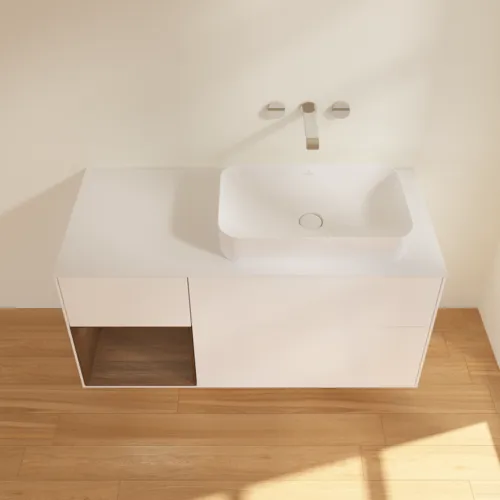 VILLEROY BOCH Toaletní skříňka Finion, s osvětlením, 3 výsuvy, 1200 x 603 x 501 mm, bílý matný lak / ořechová dýha / sklo bílé matné #F681GNMT, obrázek 3