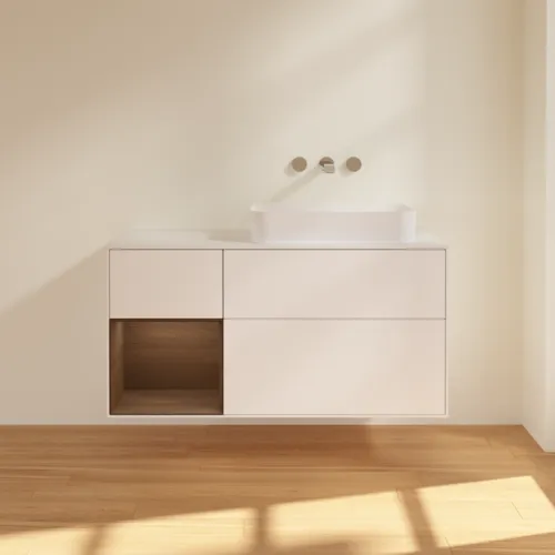 VILLEROY BOCH Toaletní skříňka Finion, s osvětlením, 3 výsuvy, 1200 x 603 x 501 mm, bílý matný lak / ořechová dýha / sklo bílé matné #F681GNMT, obrázek 2