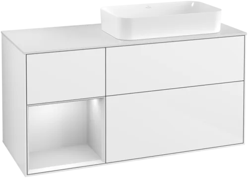 VILLEROY BOCH Toaletní skříňka Finion, s osvětlením, 3 výsuvy, 1200 x 603 x 501 mm, lesklý bílý lak / bílý matný lak / bílé matné sklo #F681MTGF