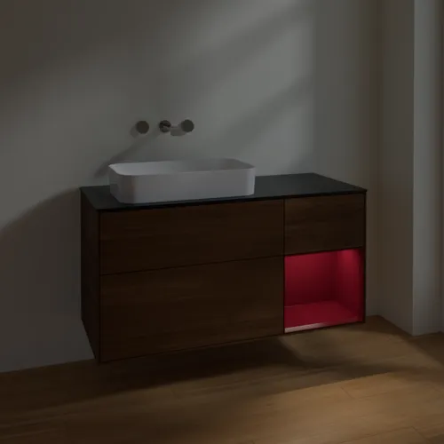 VILLEROY BOCH Toaletní skříňka Finion, s osvětlením, 3 výsuvy, 1200 x 603 x 501 mm, ořechová dýha / matný lak Pivoňka / černé matné sklo #F692HBGN, obrázek 3