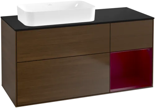 VILLEROY BOCH Toaletní skříňka Finion, s osvětlením, 3 výsuvy, 1200 x 603 x 501 mm, ořechová dýha / matný lak Pivoňka / černé matné sklo #F692HBGN