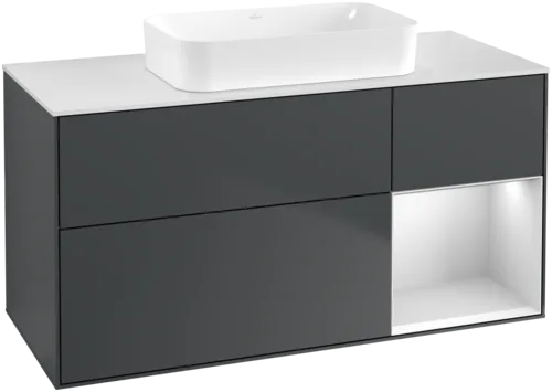 VILLEROY BOCH Toaletní skříňka Finion, s osvětlením, 3 výsuvy, 1200 x 603 x 501 mm, Midnight Blue Matt Lacquer / White Matt Lacquer / Glass White Matt #F711MTHG