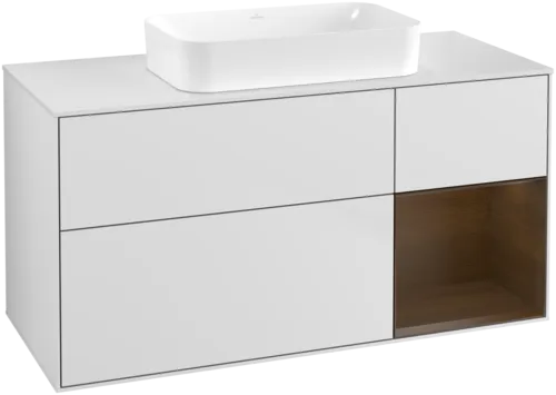 VILLEROY BOCH Toaletní skříňka Finion, s osvětlením, 3 výsuvy, 1200 x 603 x 501 mm, bílý matný lak / ořechová dýha / sklo bílé matné #F711GNMT