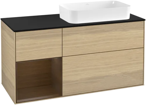 VILLEROY BOCH Toaletní stolek Finion, s osvětlením, 3 výsuvy, 1200 x 603 x 501 mm, dubová dýha / ořechová dýha / sklo černé matné #F682GNPC