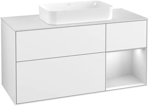 VILLEROY BOCH Toaletní skříňka Finion, s osvětlením, 3 výsuvy, 1200 x 603 x 501 mm, lesklý bílý lak / bílý matný lak / bílé matné sklo #F711MTGF