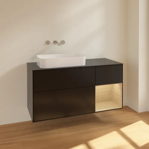 VILLEROY BOCH Toaletní skříňka Finion, s osvětlením, 3 výsuvy, 1200 x 603 x 501 mm, černý matný lak / dubová dýha / černé matné sklo #F692PCPD, obrázek 2
