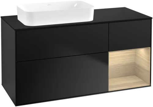 VILLEROY BOCH Toaletní skříňka Finion, s osvětlením, 3 výsuvy, 1200 x 603 x 501 mm, černý matný lak / dubová dýha / černé matné sklo #F692PCPD