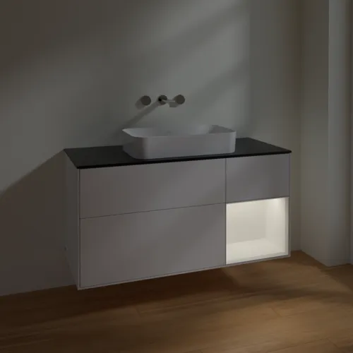 VILLEROY BOCH Toaletní skříňka Finion, s osvětlením, 3 výsuvy, 1200 x 603 x 501 mm, bílý matný lak / bílý matný lak / černé matné sklo #F712MTMT, obrázek 5