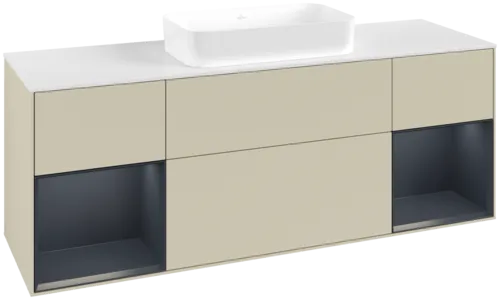 VILLEROY BOCH Toaletní skříňka Finion, s osvětlením, 4 výsuvy, 1600 x 603 x 501 mm, hedvábně šedý matný lak / půlnočně modrý matný lak / bílé matné sklo #F741HGHJ
