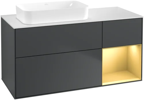 VILLEROY BOCH Toaletní skříňka Finion, s osvětlením, 3 výsuvy, 1200 x 603 x 501 mm, Midnight Blue Matt Lacquer / Gold Matt Lacquer / Glass White Matt #F691HFHG
