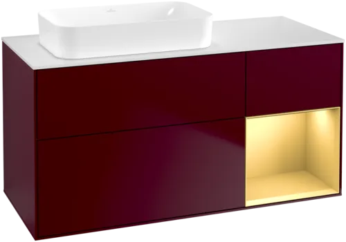 VILLEROY BOCH Toaletní skříňka Finion, s osvětlením, 3 výsuvy, 1200 x 603 x 501 mm, Peony Matt Lacquer / Gold Matt Lacquer / Glass White Matt #F691HFHB