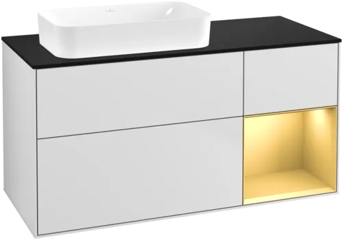 VILLEROY BOCH Toaletní skříňka Finion, s osvětlením, 3 výsuvy, 1200 x 603 x 501 mm, bílý matný lak / zlatý matný lak / černé matné sklo #F692HFMT