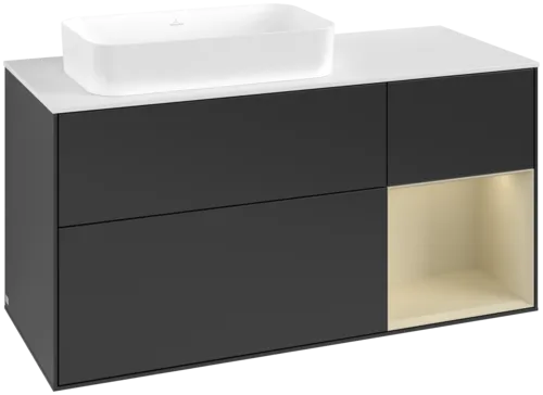 VILLEROY BOCH Toaletní skříňka Finion, s osvětlením, 3 výsuvy, 1200 x 603 x 501 mm, černý matný lak / hedvábně šedý matný lak / bílé matné sklo #F691HJPD