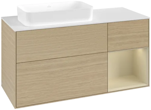 VILLEROY BOCH Toaletní skříňka Finion, s osvětlením, 3 výsuvy, 1200 x 603 x 501 mm, dubová dýha / hedvábně šedý matný lak / sklo bílé matné #F691HJPC