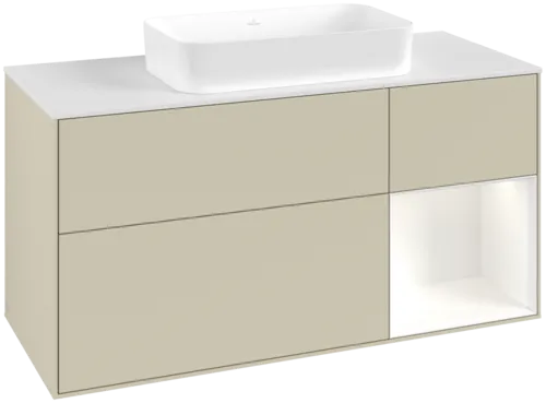 VILLEROY BOCH Toaletní skříňka Finion, s osvětlením, 3 výsuvy, 1200 x 603 x 501 mm, Silk Grey Matt Lacquer / White Matt Lacquer / Glass White Matt #F711MTHJ